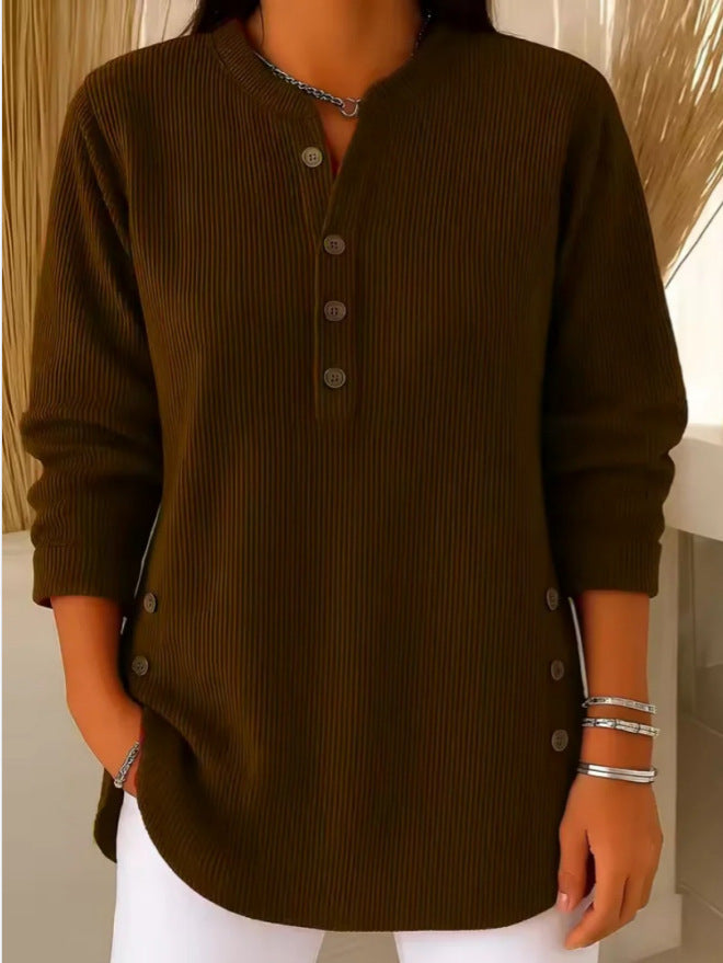 V-neck Buttons Sweater Fashion Casual Solid Color Long-sleeved Tops Women's Blouse T-shirt Clothing