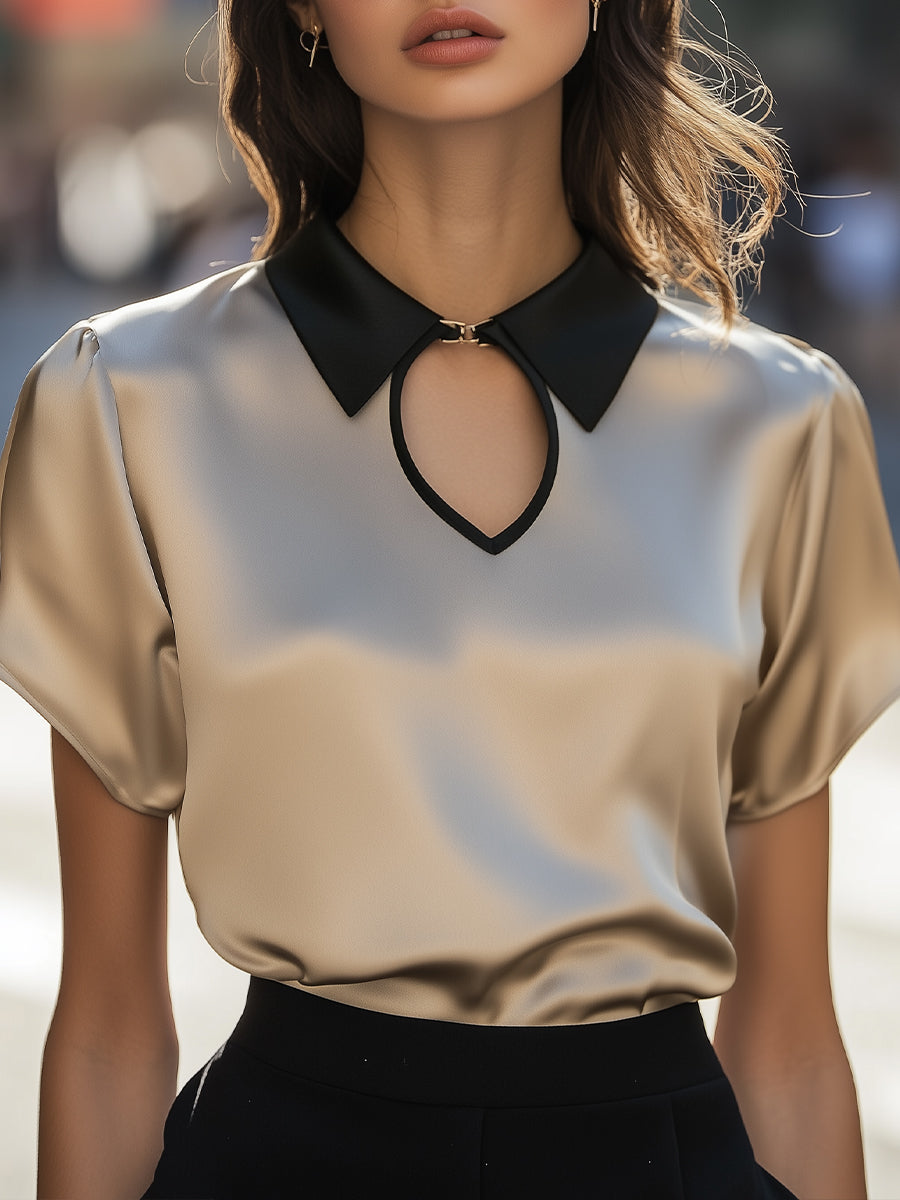Contrast Collar Satin Keyhole Blouse