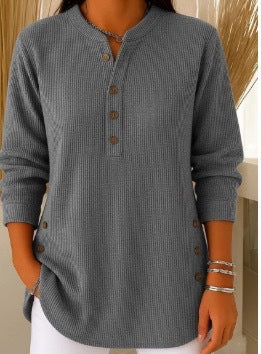 V-neck Buttons Sweater Fashion Casual Solid Color Long-sleeved Tops Women's Blouse T-shirt Clothing