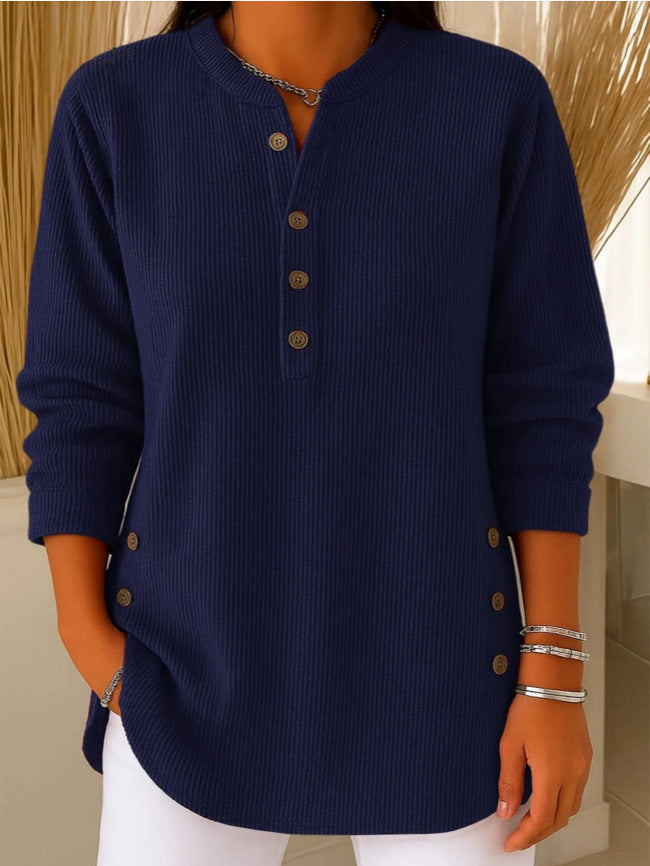 V-neck Buttons Sweater Fashion Casual Solid Color Long-sleeved Tops Women's Blouse T-shirt Clothing