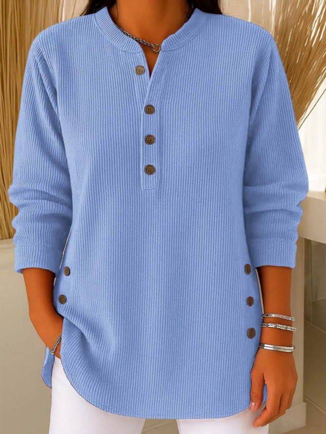 V-neck Buttons Sweater Fashion Casual Solid Color Long-sleeved Tops Women's Blouse T-shirt Clothing
