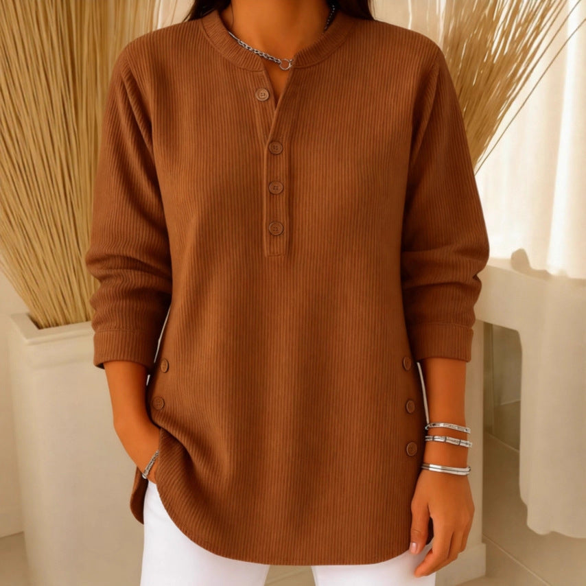 V-neck Buttons Sweater Fashion Casual Solid Color Long-sleeved Tops Women's Blouse T-shirt Clothing