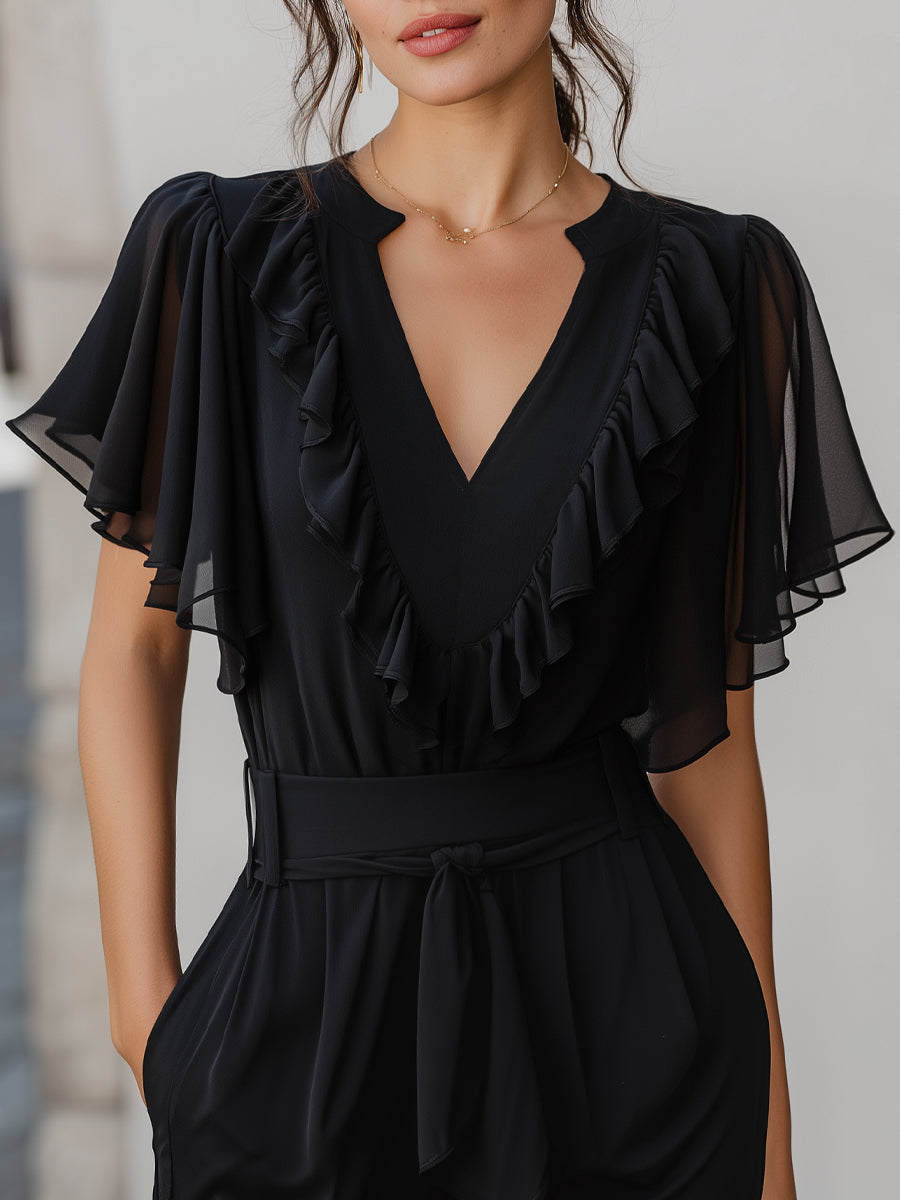 V-Neck Ruffled Chiffon Flutter Sleeve Blouse