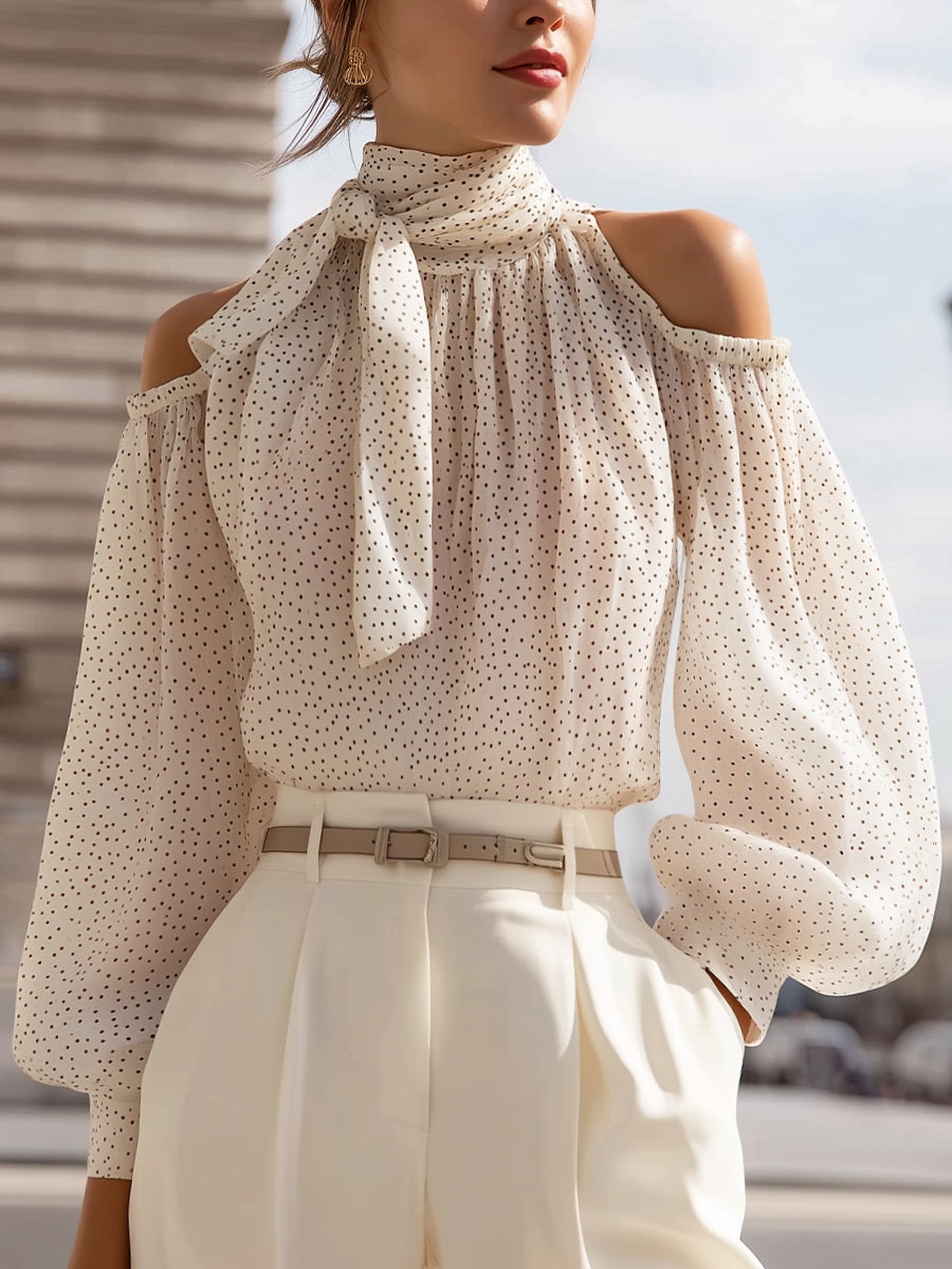Polka Dot Cold-Shoulder Chiffon Blouse With Scarf Tie