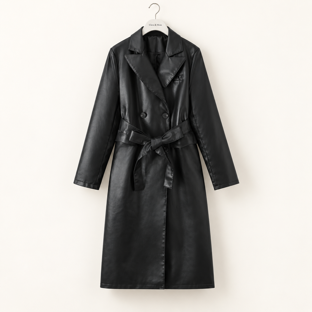 CLARA & MOSS | Simone — Belted Faux Leather Coat