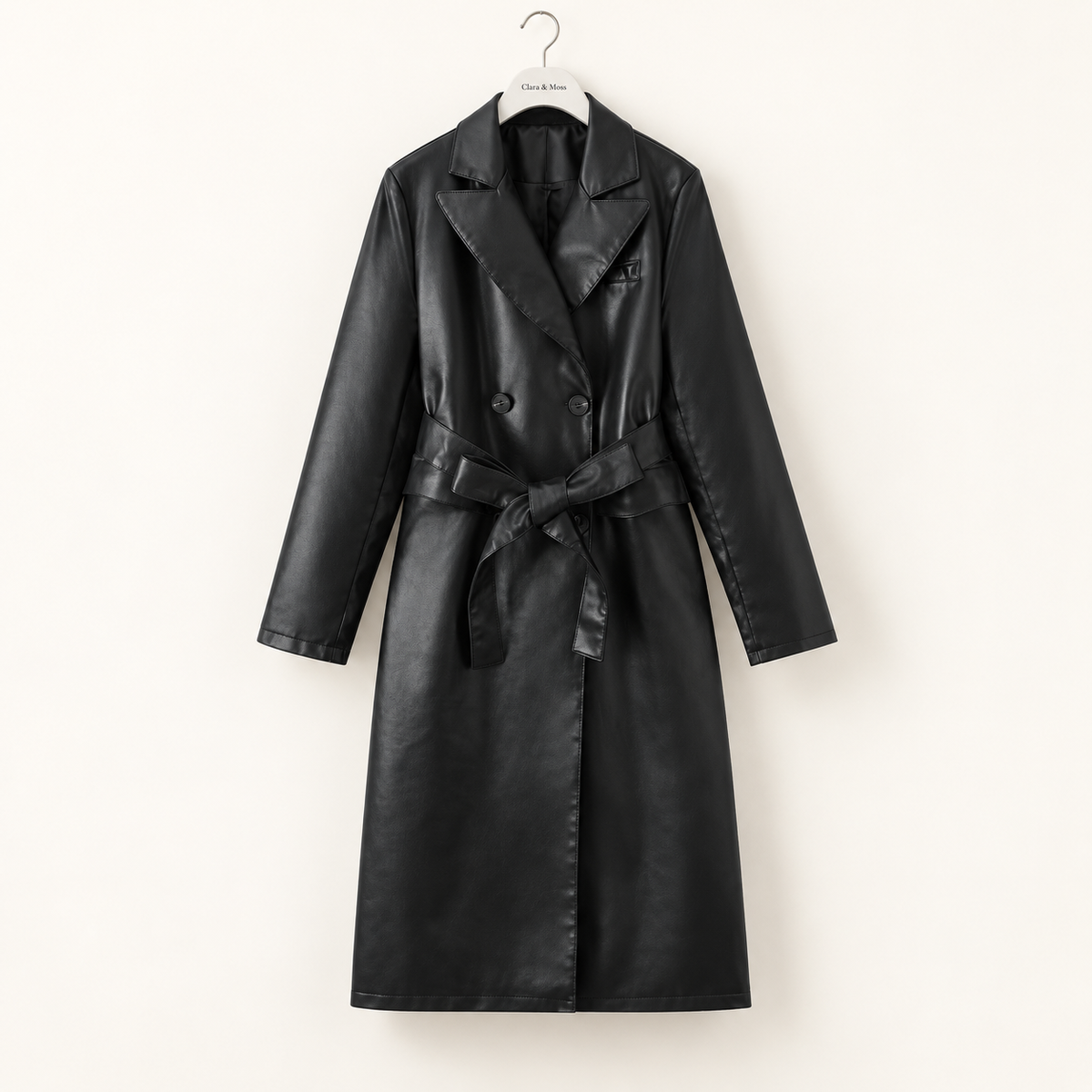 CLARA & MOSS | Simone — Belted Faux Leather Coat