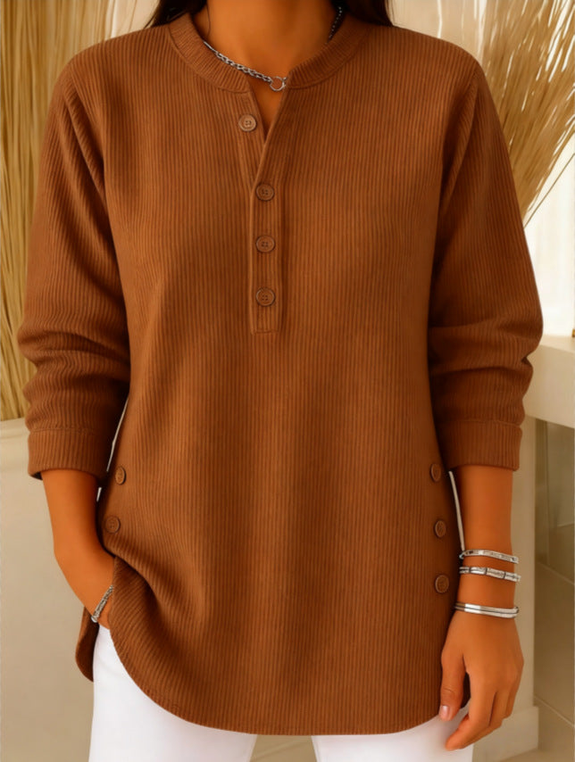 V-neck Buttons Sweater Fashion Casual Solid Color Long-sleeved Tops Women's Blouse T-shirt Clothing