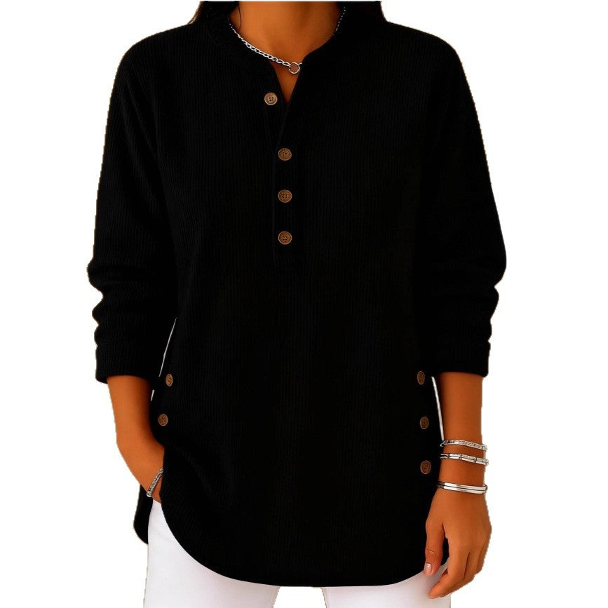 V-neck Buttons Sweater Fashion Casual Solid Color Long-sleeved Tops Women's Blouse T-shirt Clothing