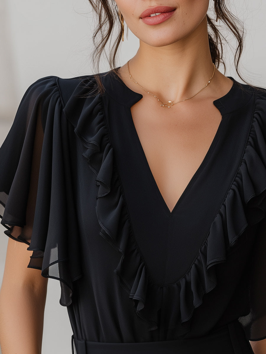 V-Neck Ruffled Chiffon Flutter Sleeve Blouse