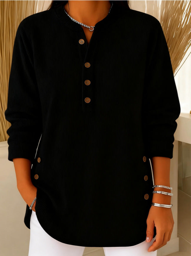 V-neck Buttons Sweater Fashion Casual Solid Color Long-sleeved Tops Women's Blouse T-shirt Clothing