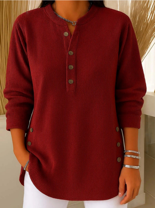 V-neck Buttons Sweater Fashion Casual Solid Color Long-sleeved Tops Women's Blouse T-shirt Clothing